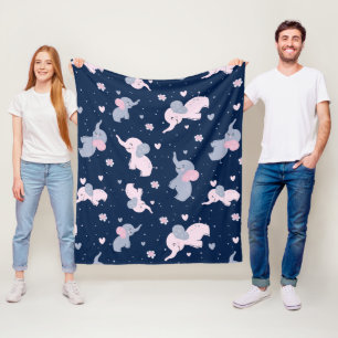 Cute cartoon elephants pattern on navy-blue fleece blanket
