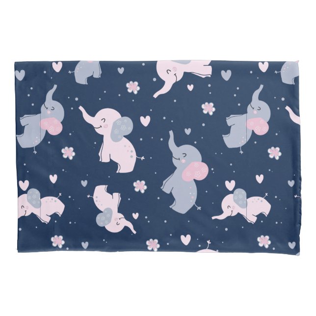 Cute cartoon elephants pattern on navy-blue pillowcase (Front)