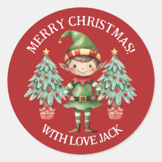 Cute Cartoon Elf Boy Merry Christmas Letter  Classic Round Sticker