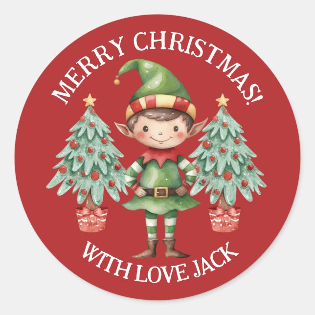 Cute Cartoon Elf Boy Merry Christmas Letter  Classic Round Sticker (Front)
