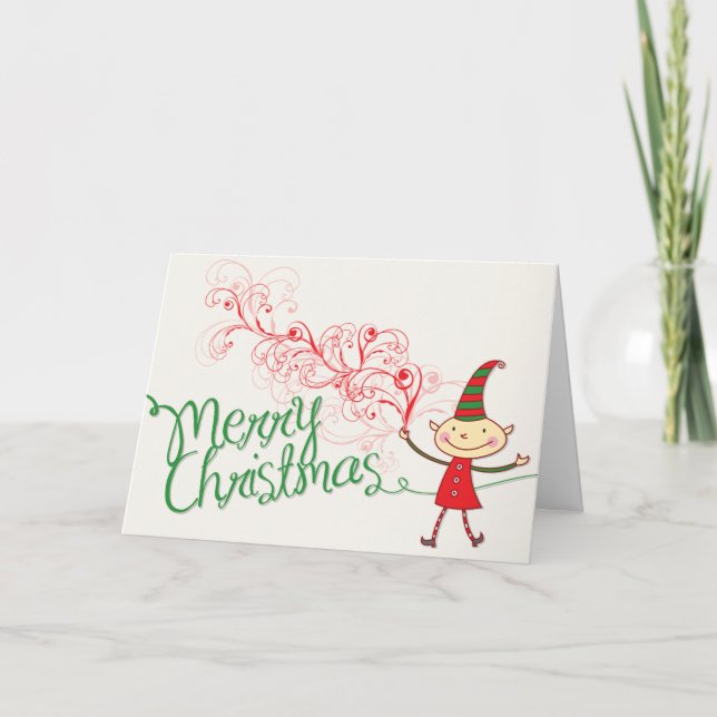 Cute Cartoon Elf Magical Merry Christmas Holiday Card (Front)