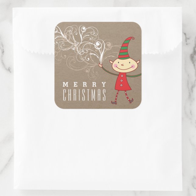 Cute Cartoon Elf Swirls Magical Christmas Holiday Square Sticker (Bag)