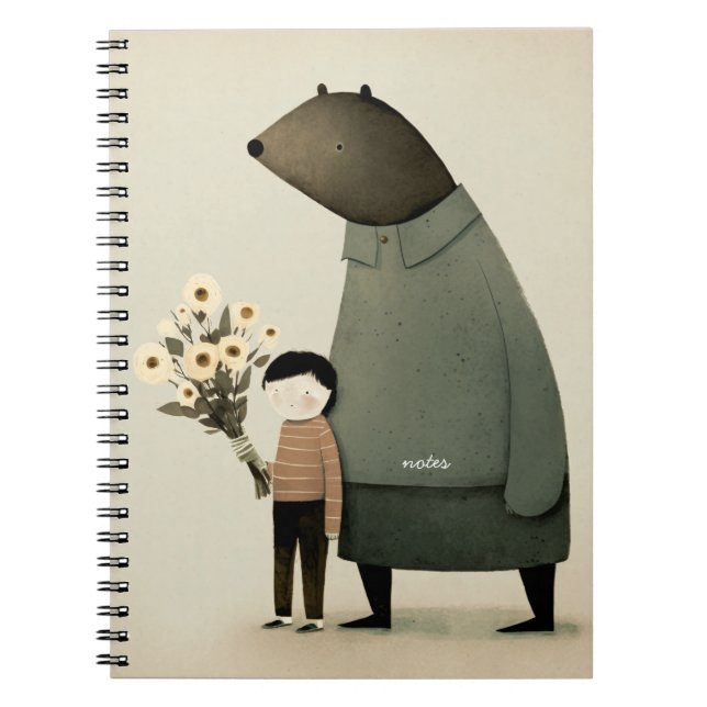 Cute cartoon fairy bear and boy. Floral Birthday  Notebook (Front)