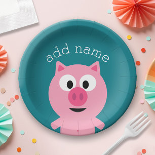 Cute Cartoon Farm Pig - Pick Your Background Paper Plate