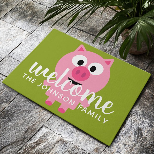Cute Cartoon Farm Pig - Pink and Lime Green Doormat (Custom Welcome Mat)