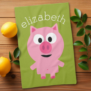 Cute Cartoon Farm Pig - Pink and Lime Green Kitchen Towel
