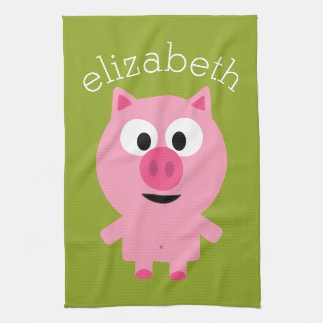 Cute Cartoon Farm Pig - Pink and Lime Green Kitchen Towel (Vertical)