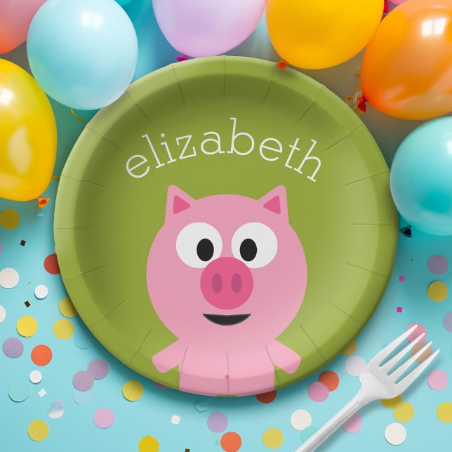 Cute Cartoon Farm Pig - Pink and Lime Green Paper Plate (Custom Paper Plate for a Party)