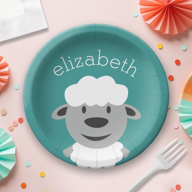 Cute Cartoon Farm Sheep - Teal and grey Paper Plate (Custom Paper Plate for a Party)