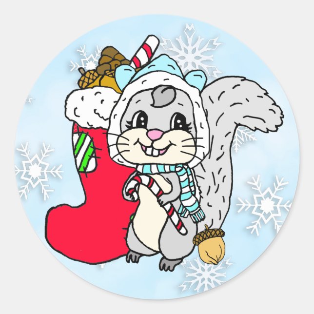 Cute Cartoon Festive Squirrel Christmas Classic Round Sticker (Front)