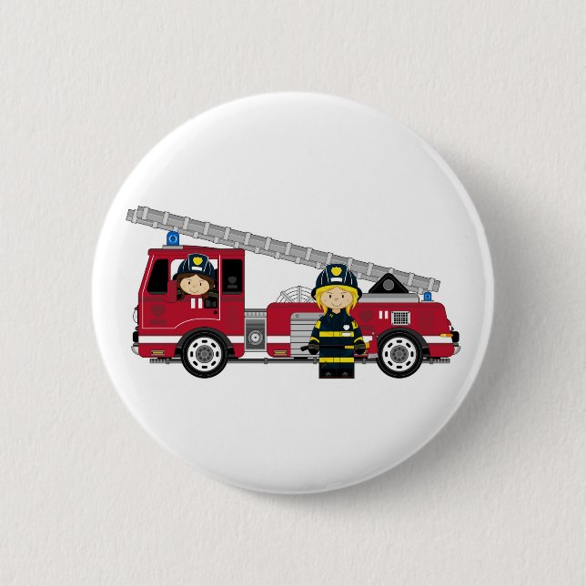 Cute Cartoon Fireman and Fire Engine 2 Inch Round Button (Front)