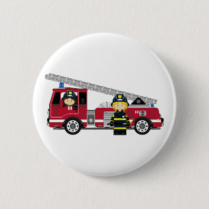 Cute Cartoon Fireman and Fire Engine 2 Inch Round Button