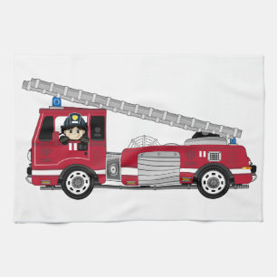 Cute Cartoon Fireman and Fire Engine Kitchen Towel
