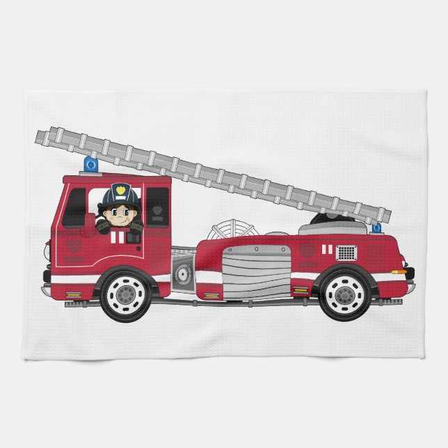 Cute Cartoon Fireman and Fire Engine Kitchen Towel (Horizontal)