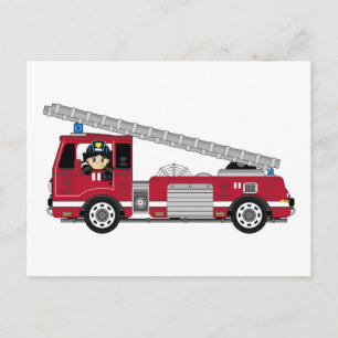 Cute Cartoon Fireman and Fire Engine Postcard
