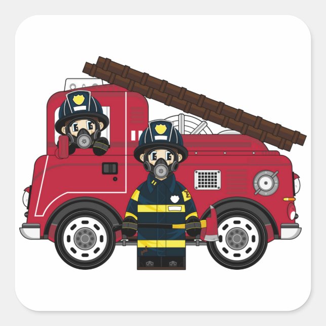 Cute Cartoon Fireman Square Sticker (Front)