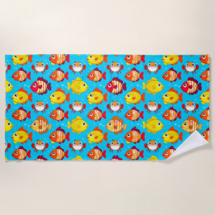 Cute Cartoon Fish and Crabs in Bright Colours Beach Towel
