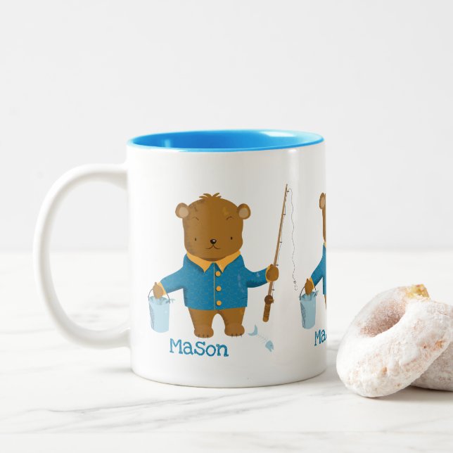 Cute Cartoon Fishing Brown Bear Kid Mug (With Donut)