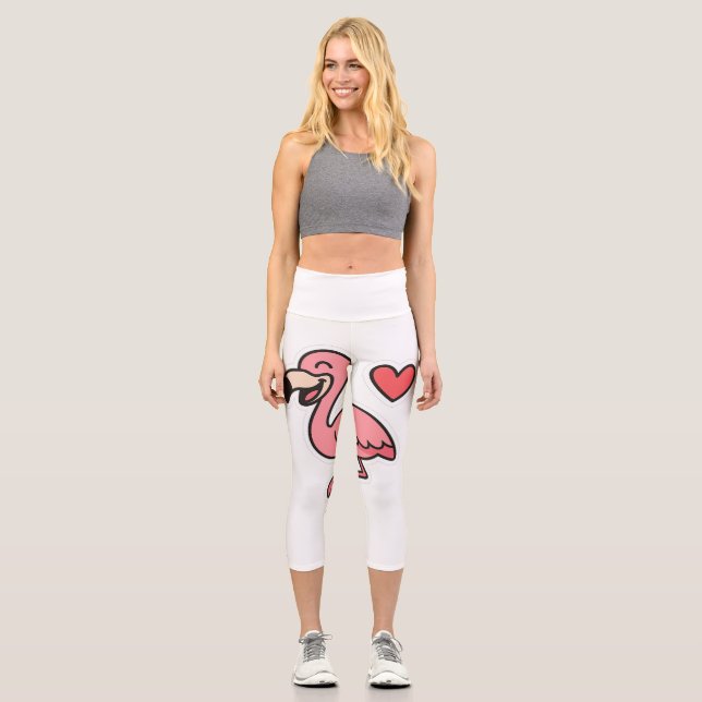 Cute Cartoon Flamingo Sticker with Heart  Capri Leggings (Front)