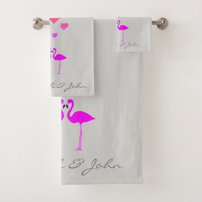 Cute Cartoon Flamingos In Love -Personalized Bath Towel Set (Insitu)