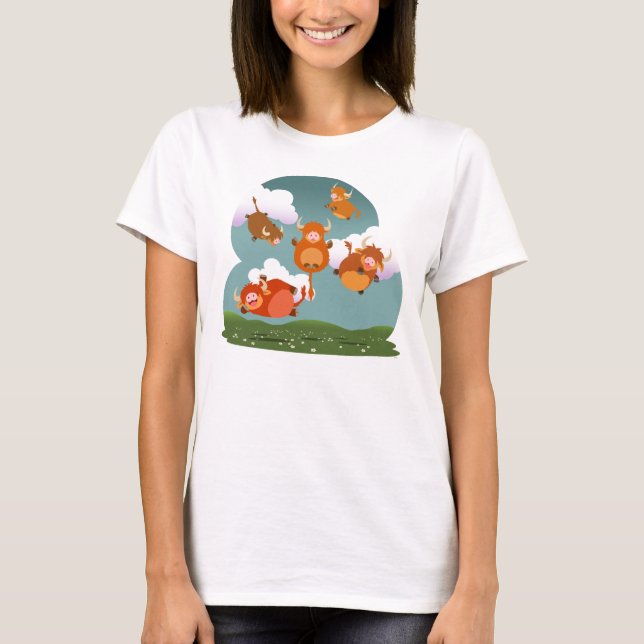 Cute Cartoon Floating Highland Cows Women T-Shirt (Front)