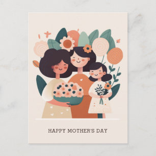 Cute cartoon floral mom and girls. Mothers Day Postcard