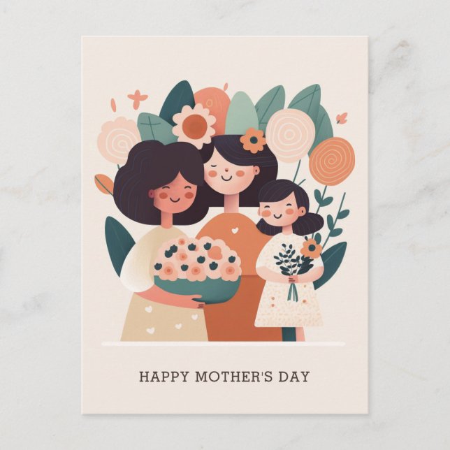 Cute cartoon floral mom and girls. Mothers Day Postcard (Front)