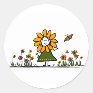 Cute Cartoon Flower Girl in a butterfly garden Classic Round Sticker