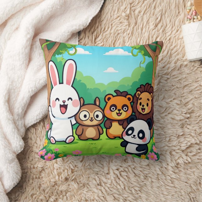 Cute Cartoon Forest Animals Friends  Throw Pillow (Blanket)