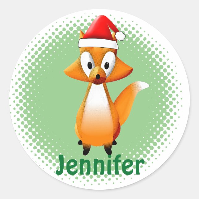 Cute Cartoon Fox Animal With Santas Hat Classic Round Sticker (Front)