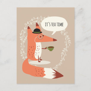 Cute cartoon fox having tea time postcard