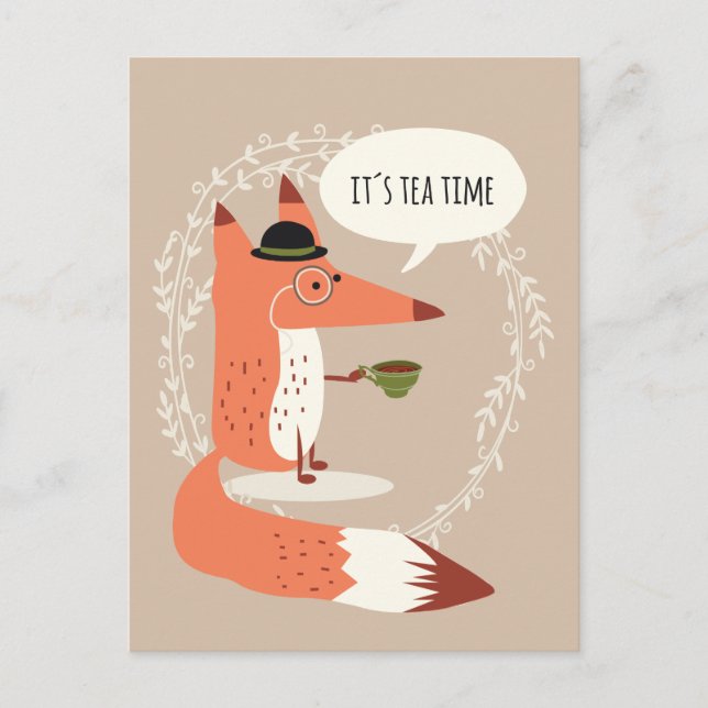 Cute cartoon fox having tea time postcard (Front)
