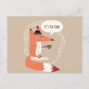 Cute cartoon fox having tea time postcard