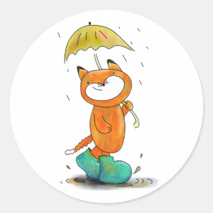 cute cartoon fox in the rain with umbrella classic round sticker