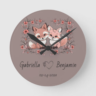 Cute Cartoon Fox Lovers Heart Valentine’s Day Round Clock