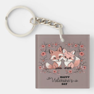 Cute Cartoon Fox Lovers Hearts Valentine’s Day Keychain
