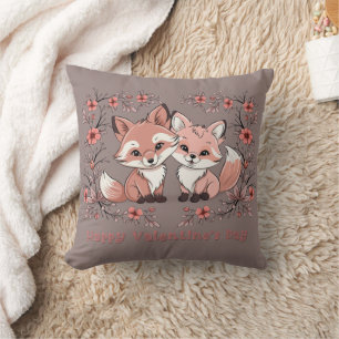 Cute Cartoon Fox Lovers Hearts Valentine’s Day Throw Pillow