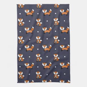 Cute Cartoon Fox Pattern on Midnight Blue Kitchen Towel