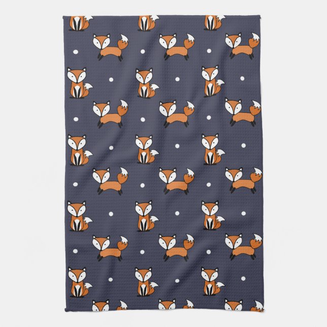 Cute Cartoon Fox Pattern on Midnight Blue Kitchen Towel (Vertical)