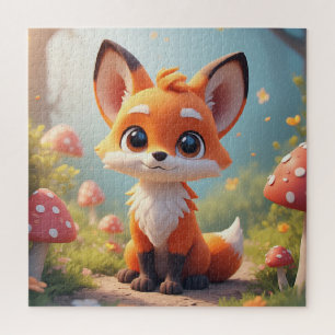 Cute Cartoon Fox Sitting On Forest Path Jigsaw Puzzle