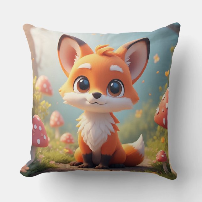 Cute Cartoon Fox Sitting On Forest Path Throw Pillow (Front)