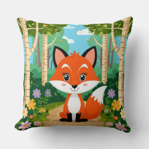 Cute Cartoon Fox Sitting On Forest Path Throw Pillow