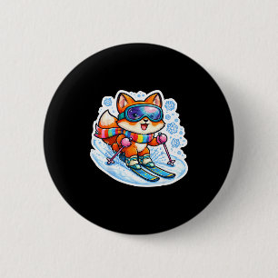 Cute cartoon fox skiing skier ski lover winter 2 inch round button