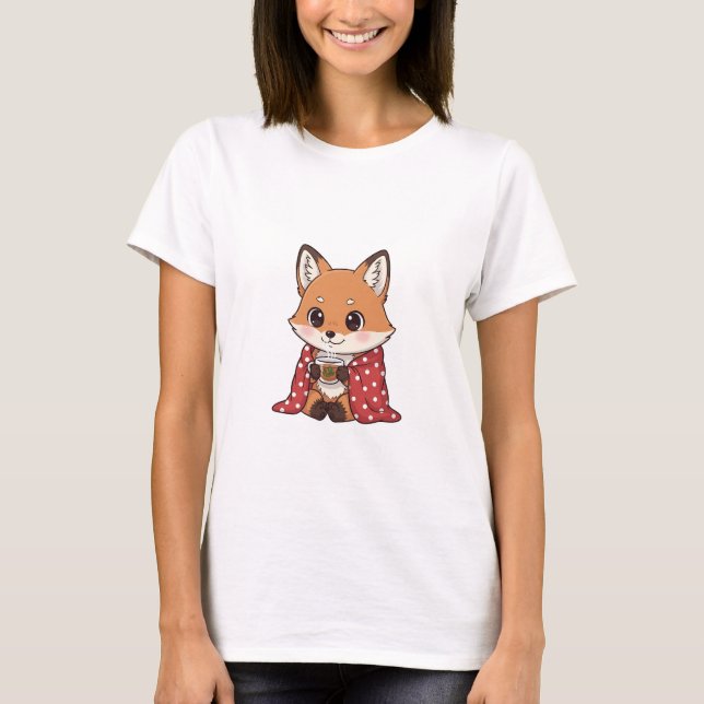 Cute Cartoon Fox Wrapped in Red Polka Dot Blanket  T-Shirt (Front)
