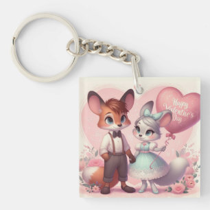 Cute cartoon foxes Valentine's day Keychain