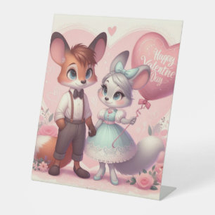Cute cartoon foxes Valentine's day Pedestal Sign