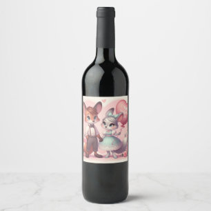 Cute cartoon foxes Valentine's day Wine Label