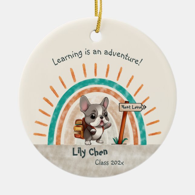 Cute Cartoon French Bulldog Back to School student Ceramic Ornament (Front)
