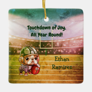 Cute Cartoon French bulldog quarterback holiday Ceramic Ornament
