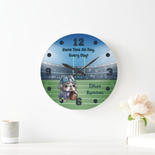 Cute Cartoon French bulldog quarterback Stadium Large Clock